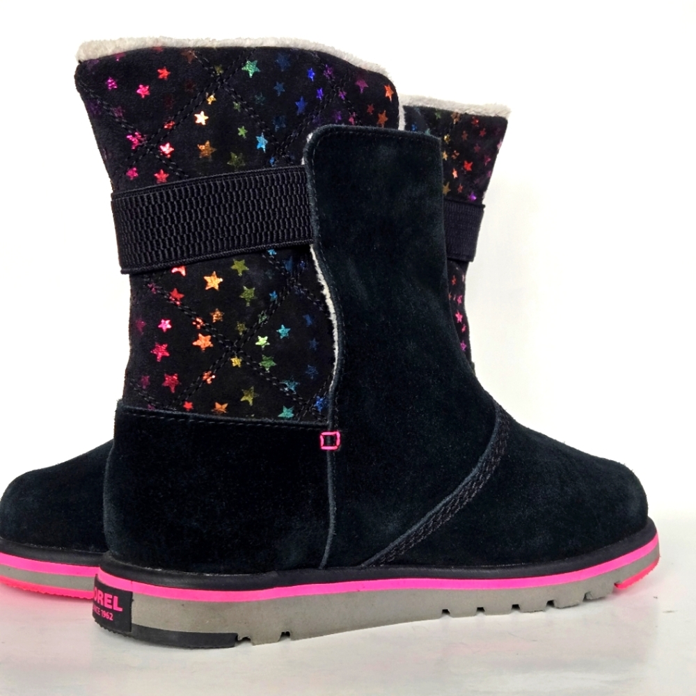 Sorel Rylee Waterproof Black Suede Warm Lined Pink Stars Toddler Girl Sz 5 Boots - Picture 5 of 8